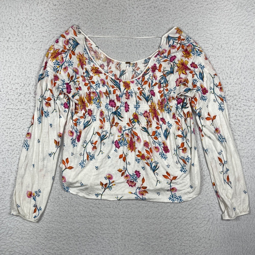 Free People Top Womens Large White Floral Linen Blend Smocked Boho Cottagecore